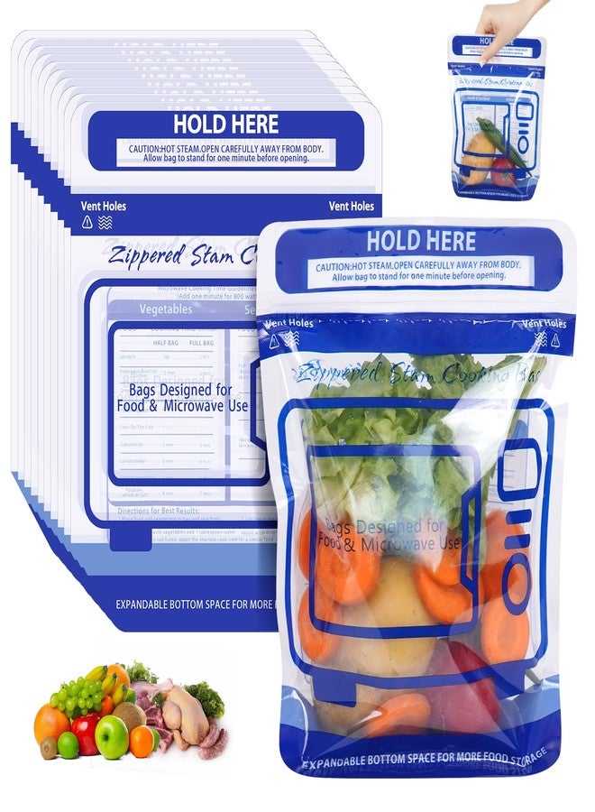 TAINESS 20 Pcs Microwave Steam Cooking Bags for Vegetables Microwave Steamer Bag with Stand-up Zipper Microwave Cooking Bags for Veggie Potatoes Meat Frozen Food Faster & Healthier - Image 1